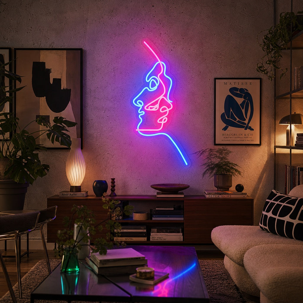 "Abstrait Deux Visages" Enseigne Lumineuse en Néon