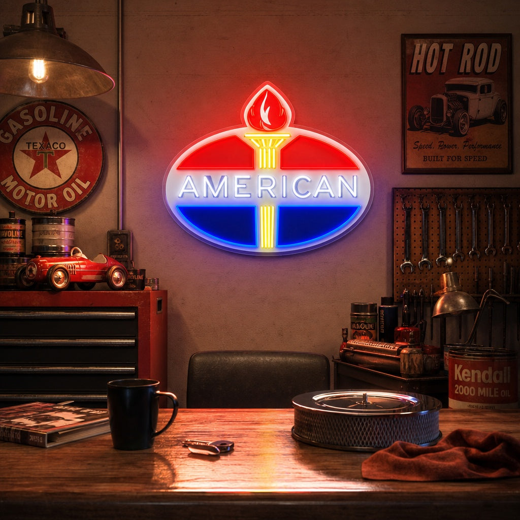 "Logo américain à essence" Enseigne néon LED imprimée UV