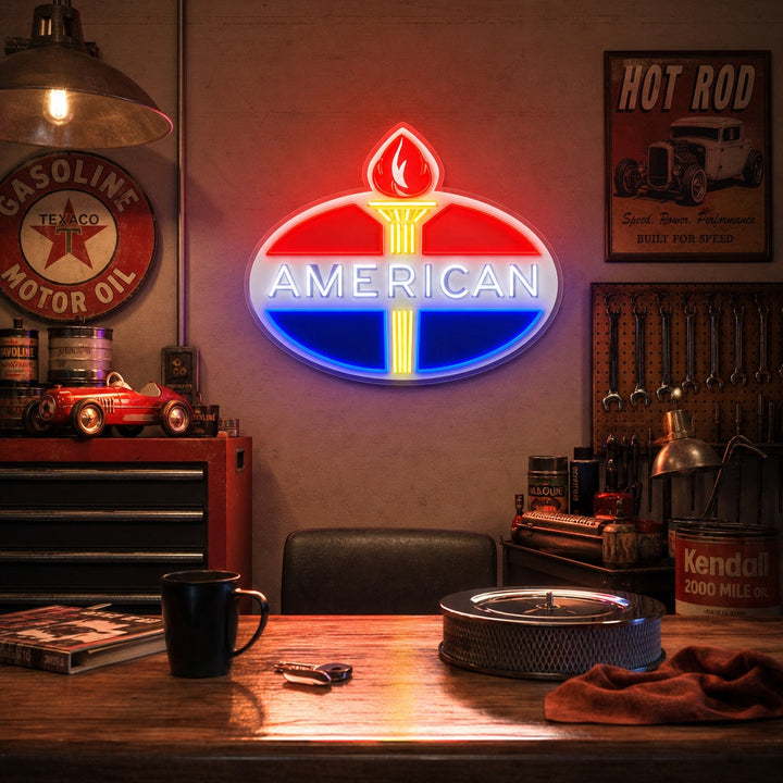 "Logo américain à essence" Enseigne néon LED imprimée UV