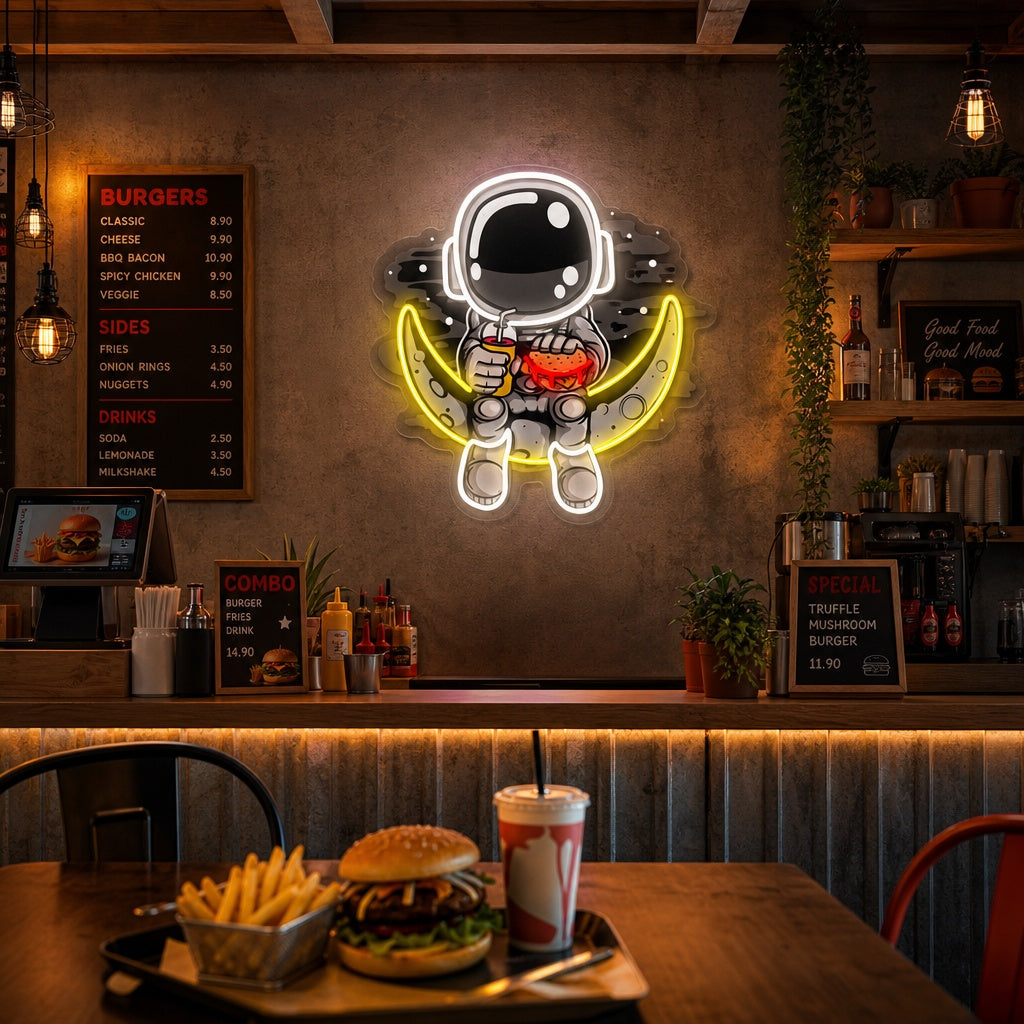 "Astronaute Moon Burger, logo de restauration rapide" Enseigne néon LED imprimée UV