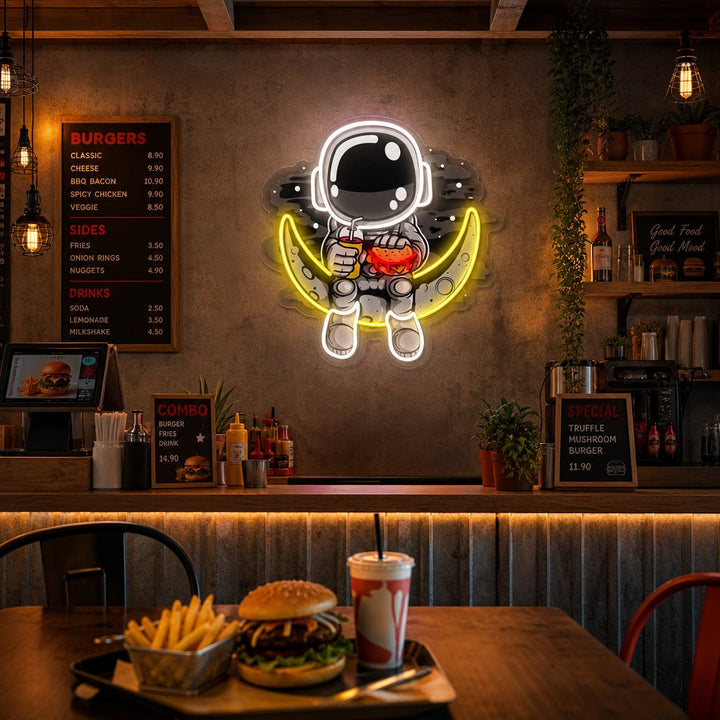 "Astronaute Moon Burger, logo de restauration rapide" Enseigne néon LED imprimée UV