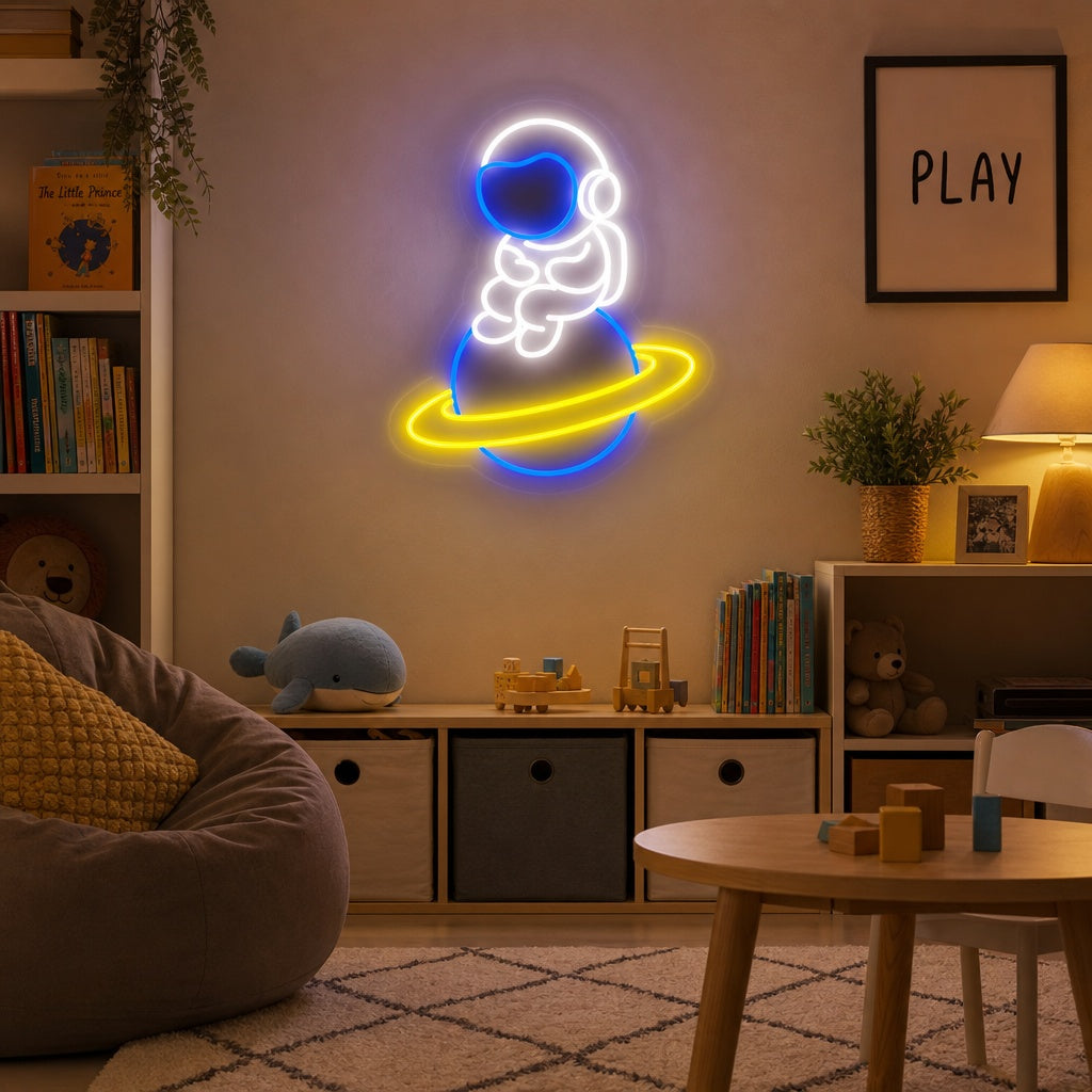 "Astronaute Assis Sur Une Planète" Enseigne Lumineuse en Néon