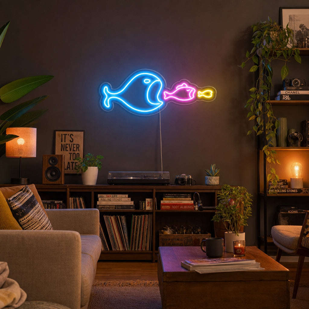 "Les Gros Poissons Mangent Les Petits Poissons" Enseigne Lumineuse en Néon