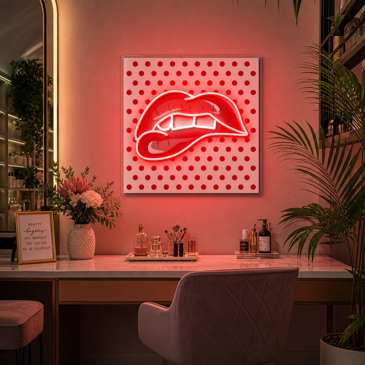 "Mordant ses lèvres rouges" Enseigne néon LED imprimée UV