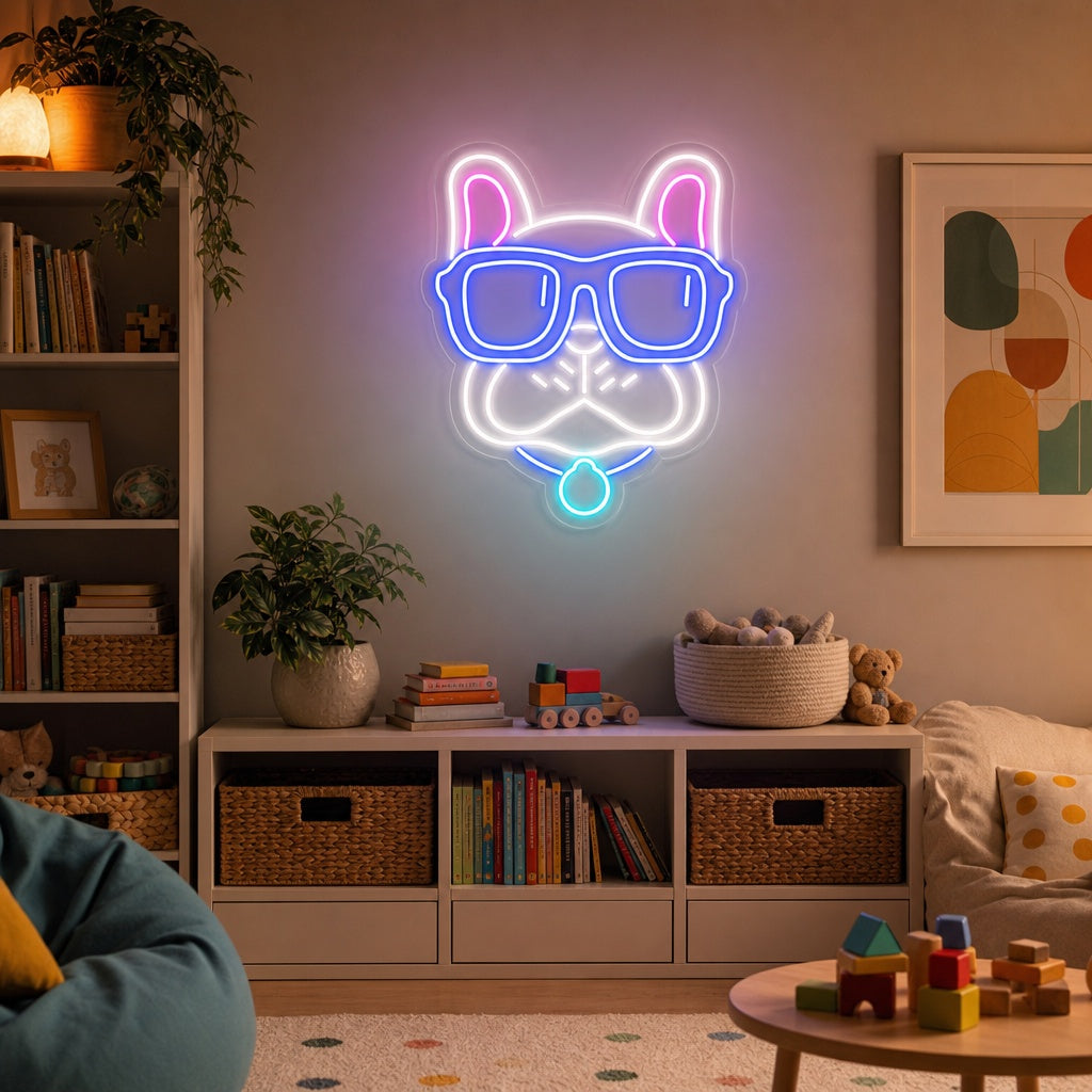 "Bouledogue, Lunettes" Enseigne Lumineuse en Néon