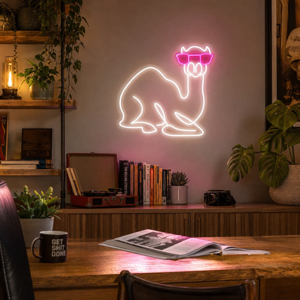 "Chameau Avec Lunettes" Enseigne Lumineuse en Néon
