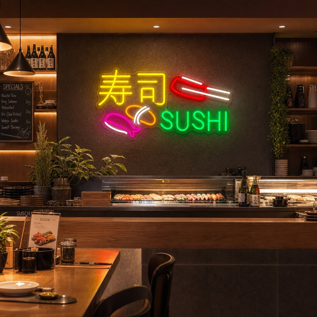 Sushi et Sashimi Enseigne néon, Décoration de restaurant japonais