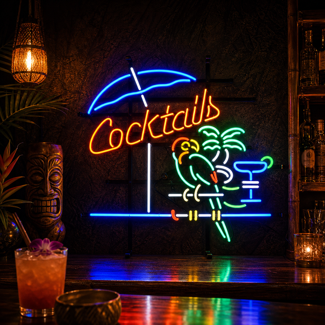 "Cocktails, Perroquet, Cocktails" Enseigne Lumineuse en Néon