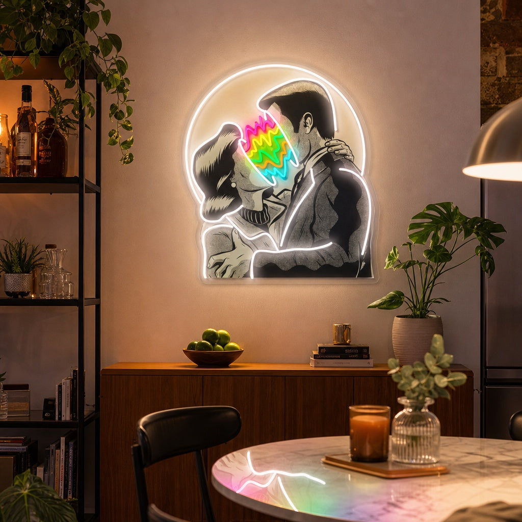 "Amoureux des couleurs, couple embrassant" Enseigne néon LED imprimée UV