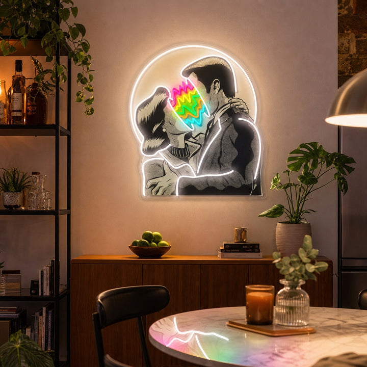 "Amoureux des couleurs, couple embrassant" Enseigne néon LED imprimée UV