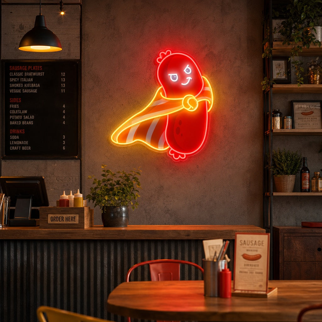 "Super héros de la saucisse mignonne, nourriture, restaurant" Enseigne néon LED imprimée UV
