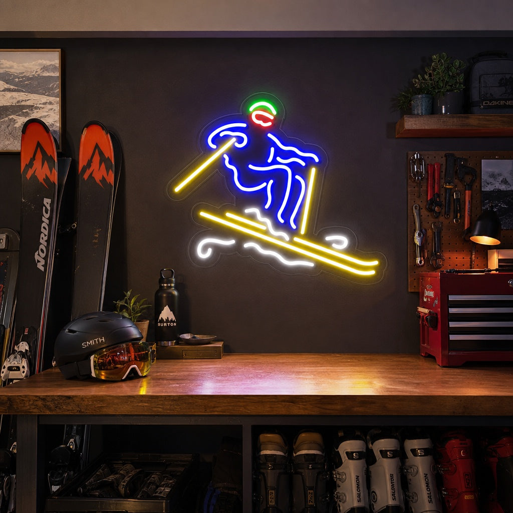 "Skieur De Descente Fait À La Main" Enseigne Lumineuse en Néon