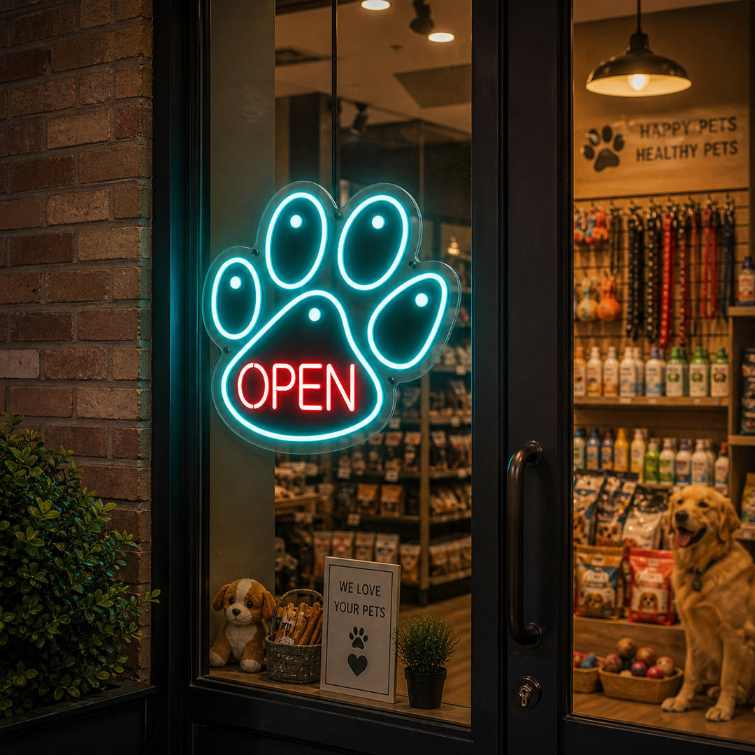 "Griffe De Chien, Animal De Compagnie, Boutique De Soins Vétérinaires Pour Chiens, Logo Ouvert" Enseigne Lumineuse en Néon