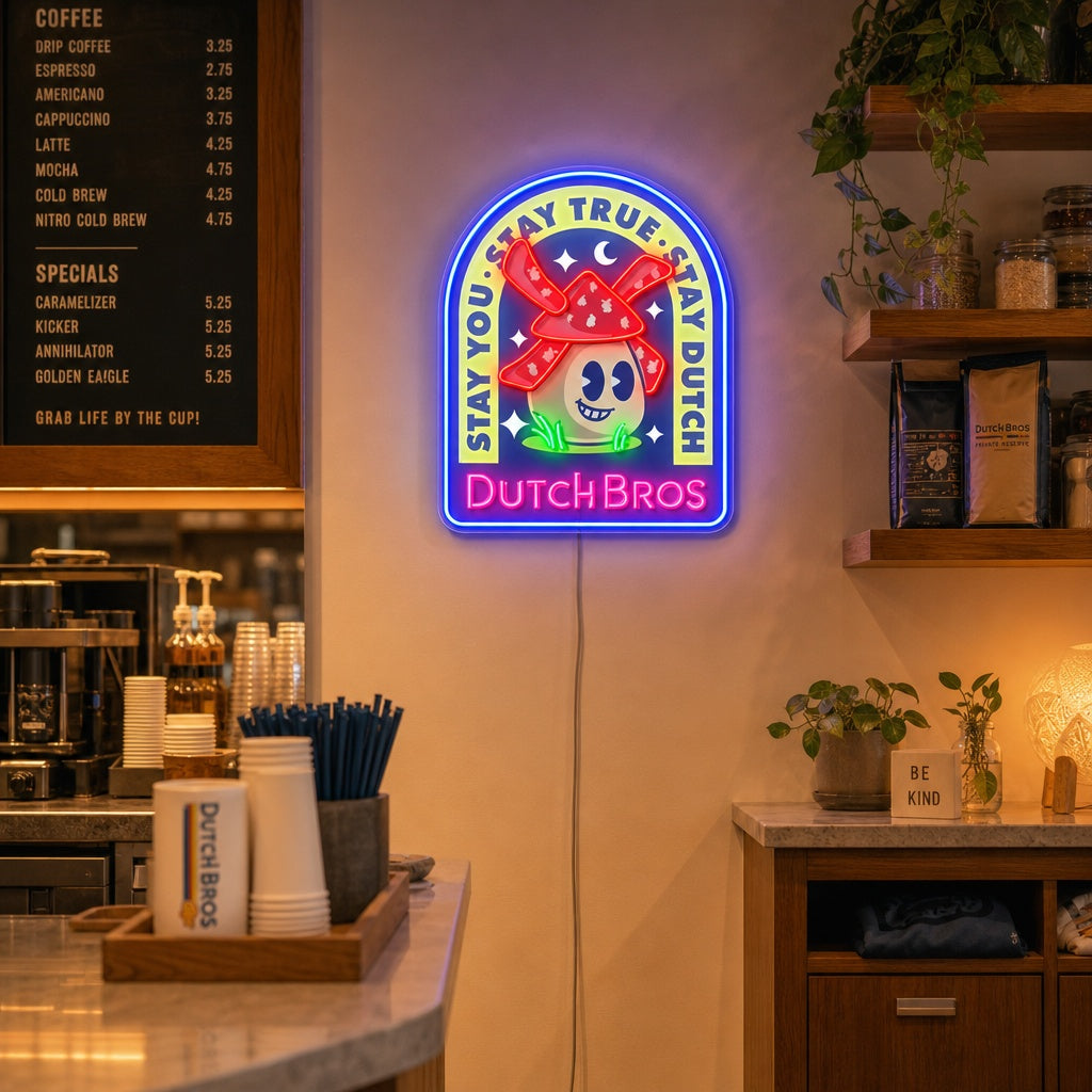 "Dutch Coffee, moulins à vent" Enseigne néon LED imprimée UV
