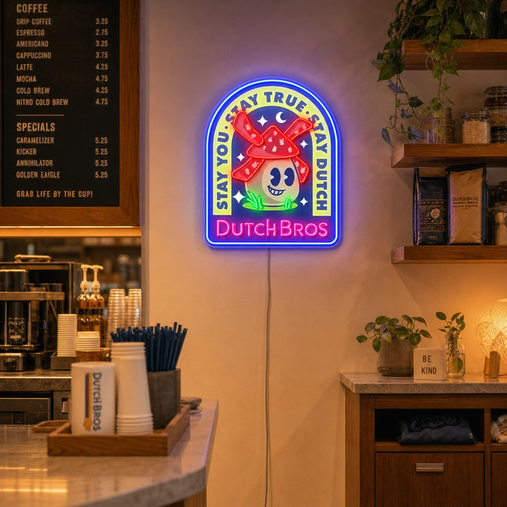 "Dutch Coffee, moulins à vent" Enseigne néon LED imprimée UV