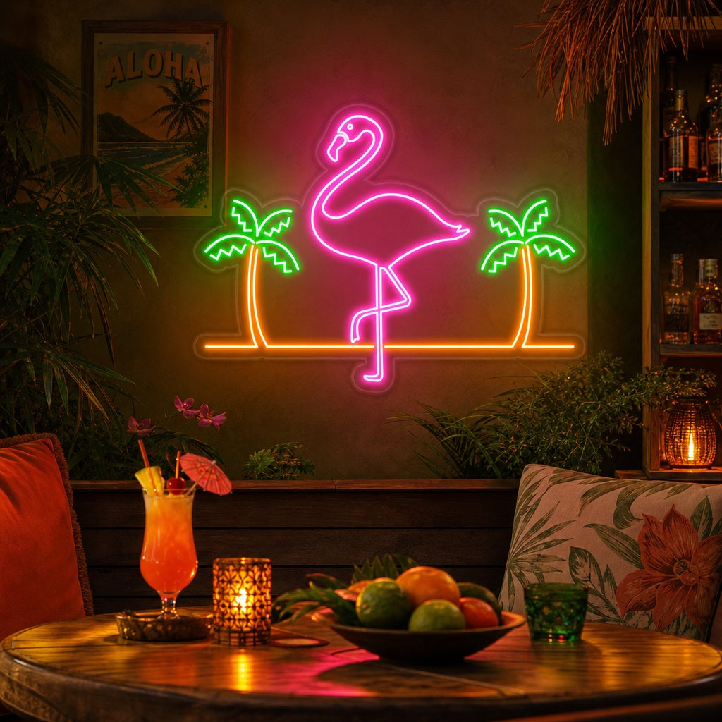 "Flamant, Palmiers, Bar" Enseigne Lumineuse en Néon