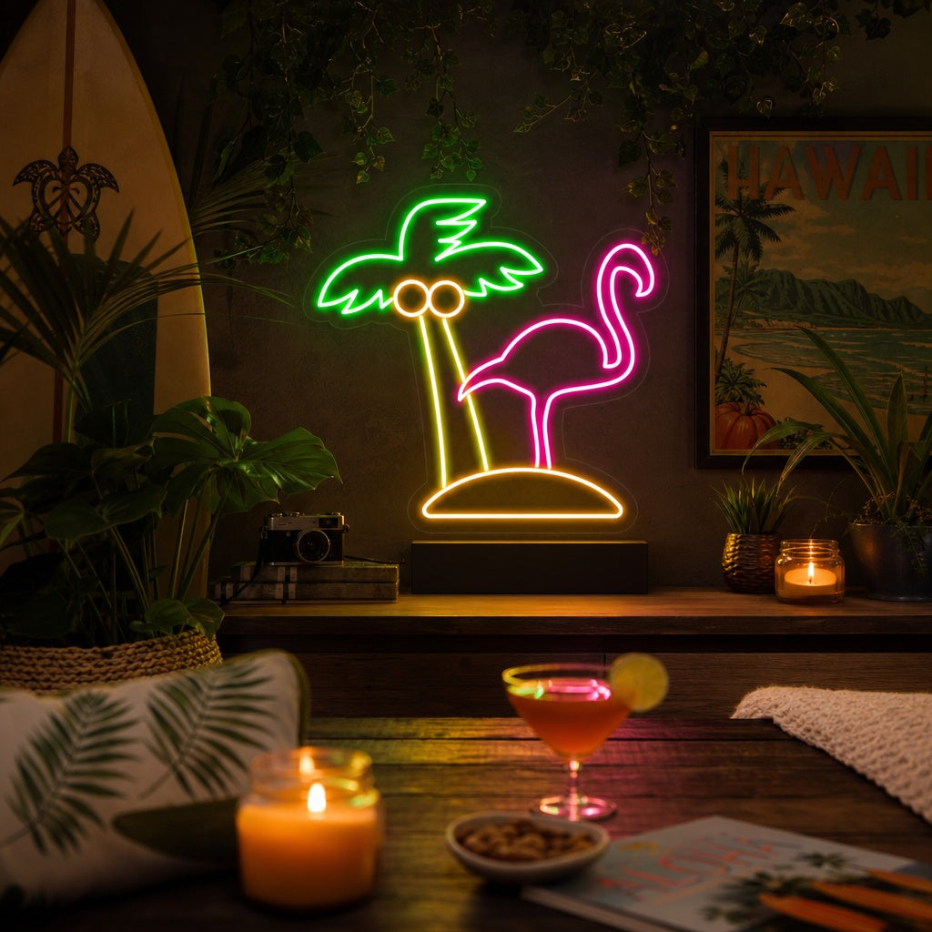 "Flamant, Palmier, Plage" Enseigne Lumineuse en Néon