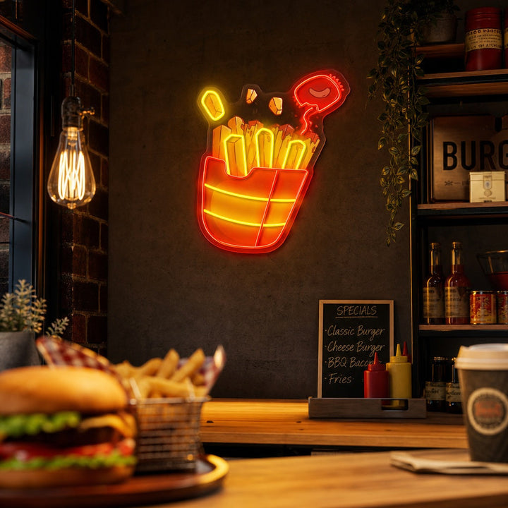 "Frites avec sauce chili, restauration rapide" Enseigne néon LED imprimée UV