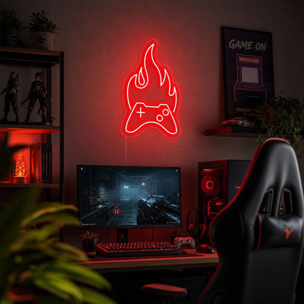"Manette De Jeu, Feu, Décoration De Joueur" Enseigne Lumineuse en Néon