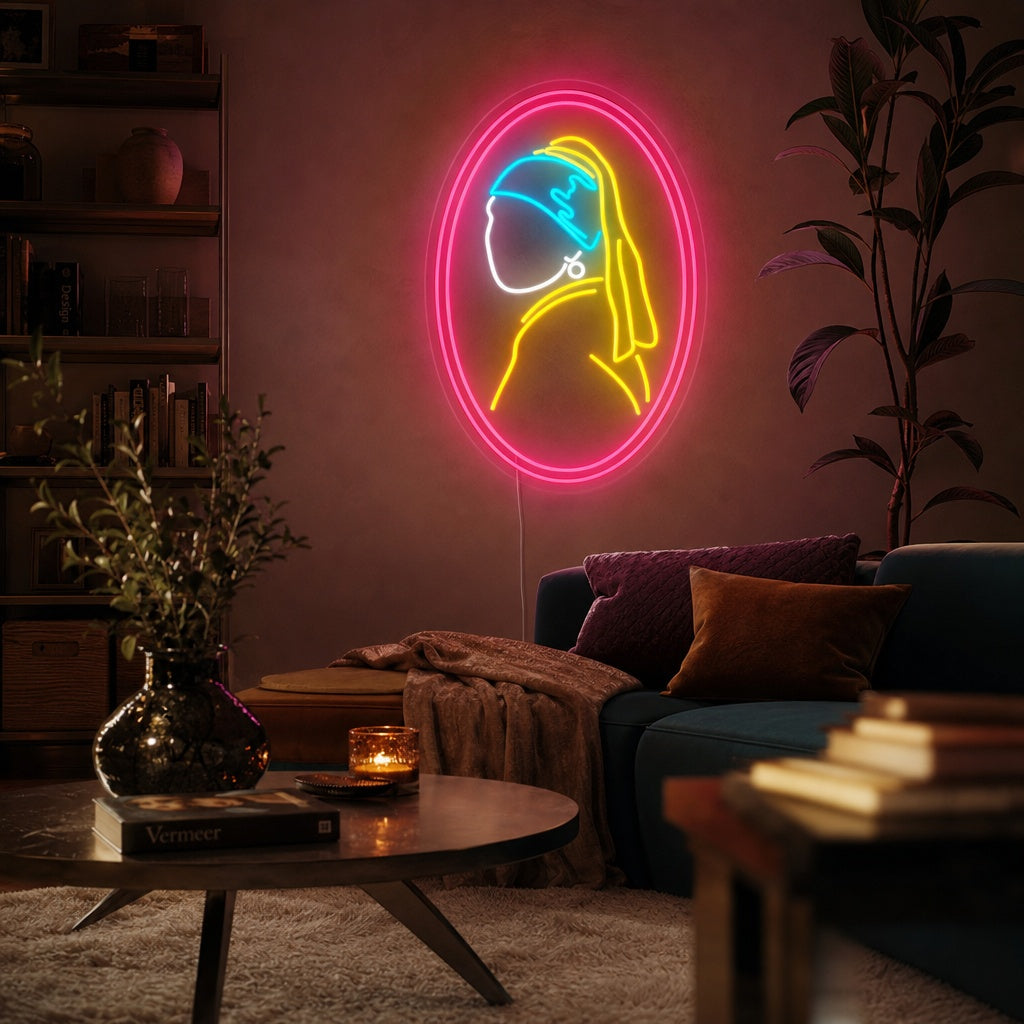 "Fille À La Perle Vermeer" Enseigne Lumineuse en Néon
