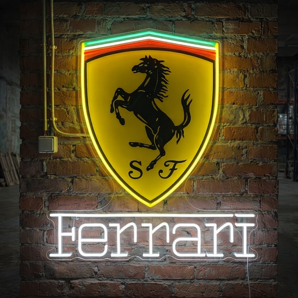 Un néon inspiré du V8 illuminant un intérieur sur le thème de l'automobile