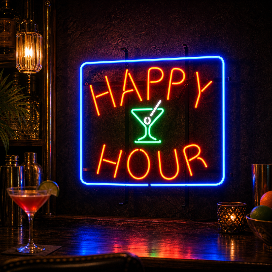 "Bar À Bières Happy Hour" Enseigne Lumineuse en Néon