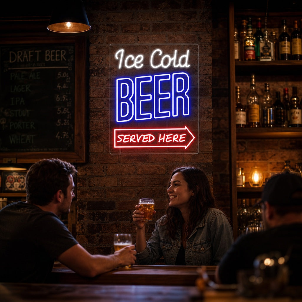 "Ice Cold Beer Served Here Bar" Enseigne Lumineuse en Néon