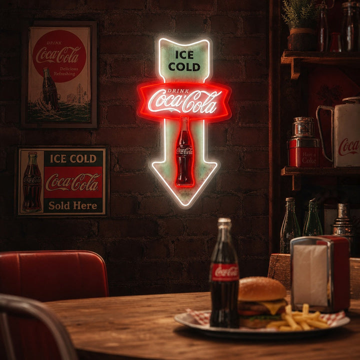 "Ice Cold Coca Cola, flèche de dîner vintage" Enseigne néon LED imprimée UV