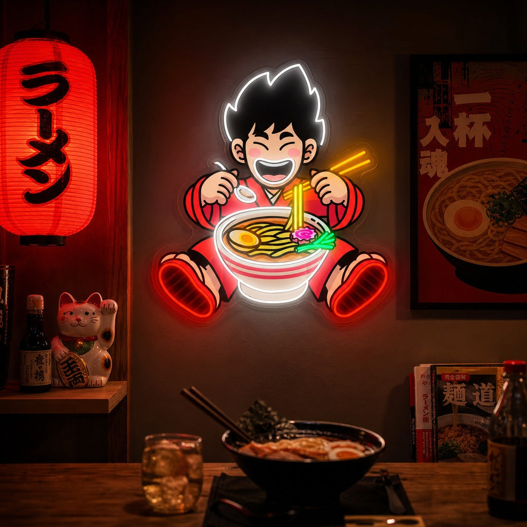 Garçon et nouilles ramen Enseigne néon, Décoration de restaurant japonais
