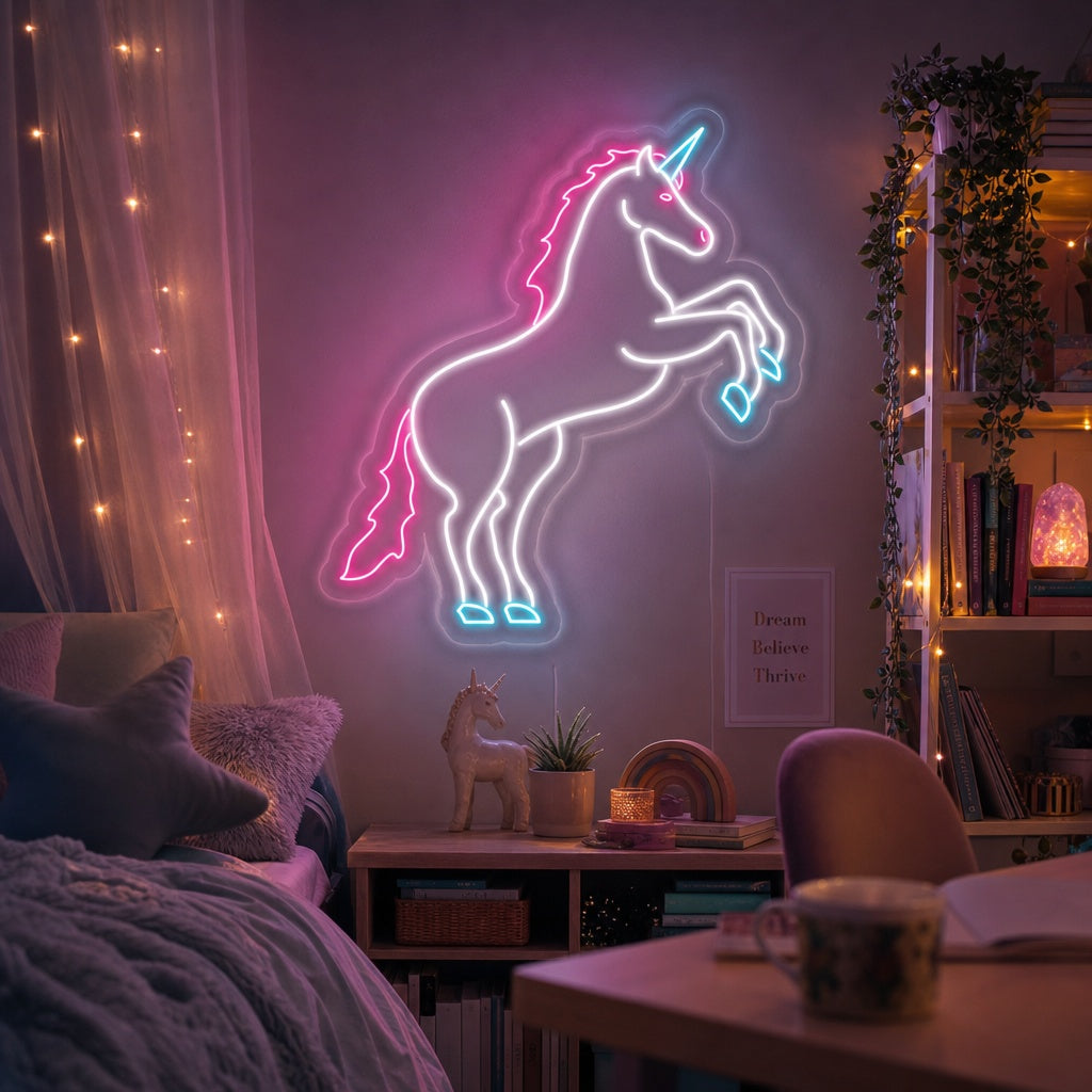 "Cheval Licorne Magique" Enseigne Lumineuse en Néon