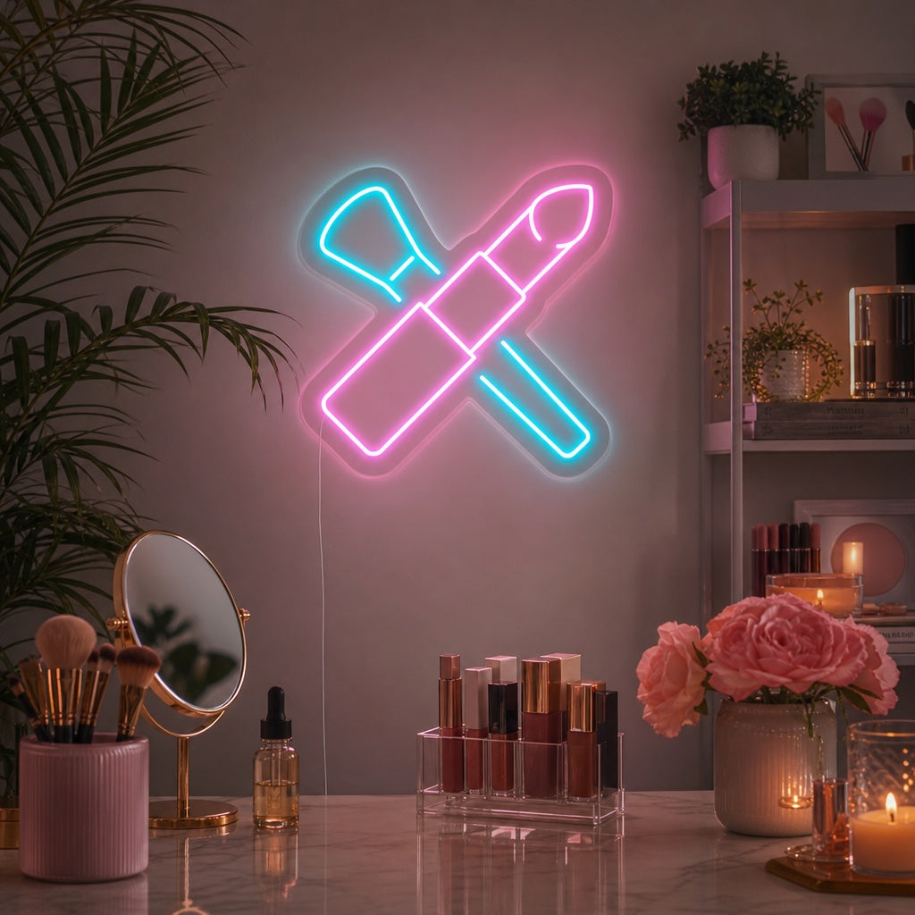 "Pinceaux De Maquillage, Rouge À Lèvres" Enseigne Lumineuse en Néon