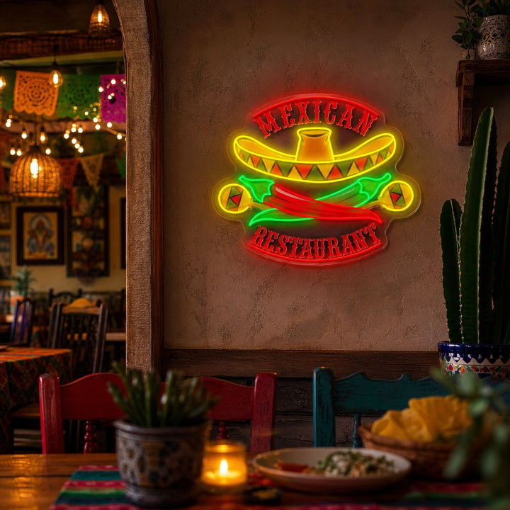 "Restaurant mexicain Sombrero Maracas Pepper" Enseigne néon LED imprimée UV