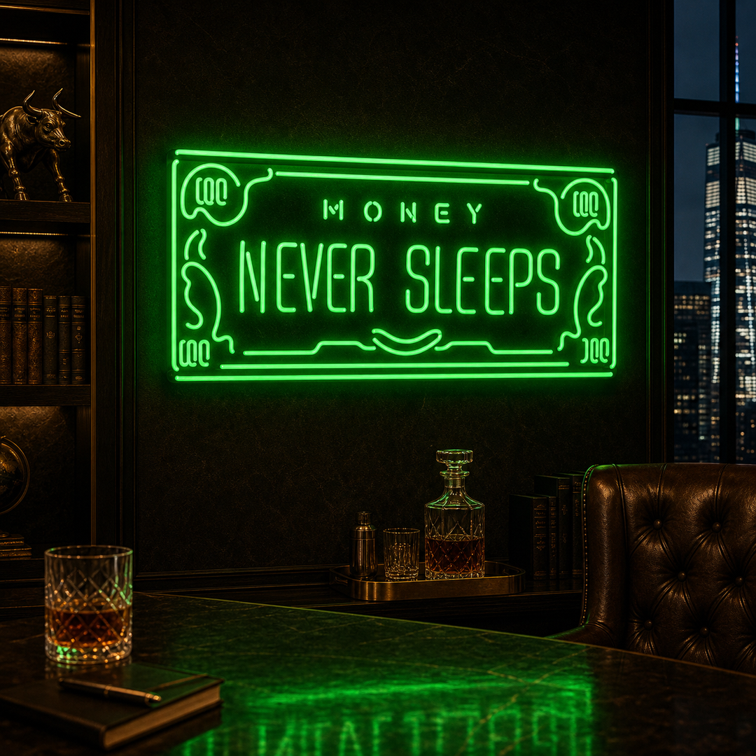 "Money Never Sleeps" Enseigne Lumineuse en Néon