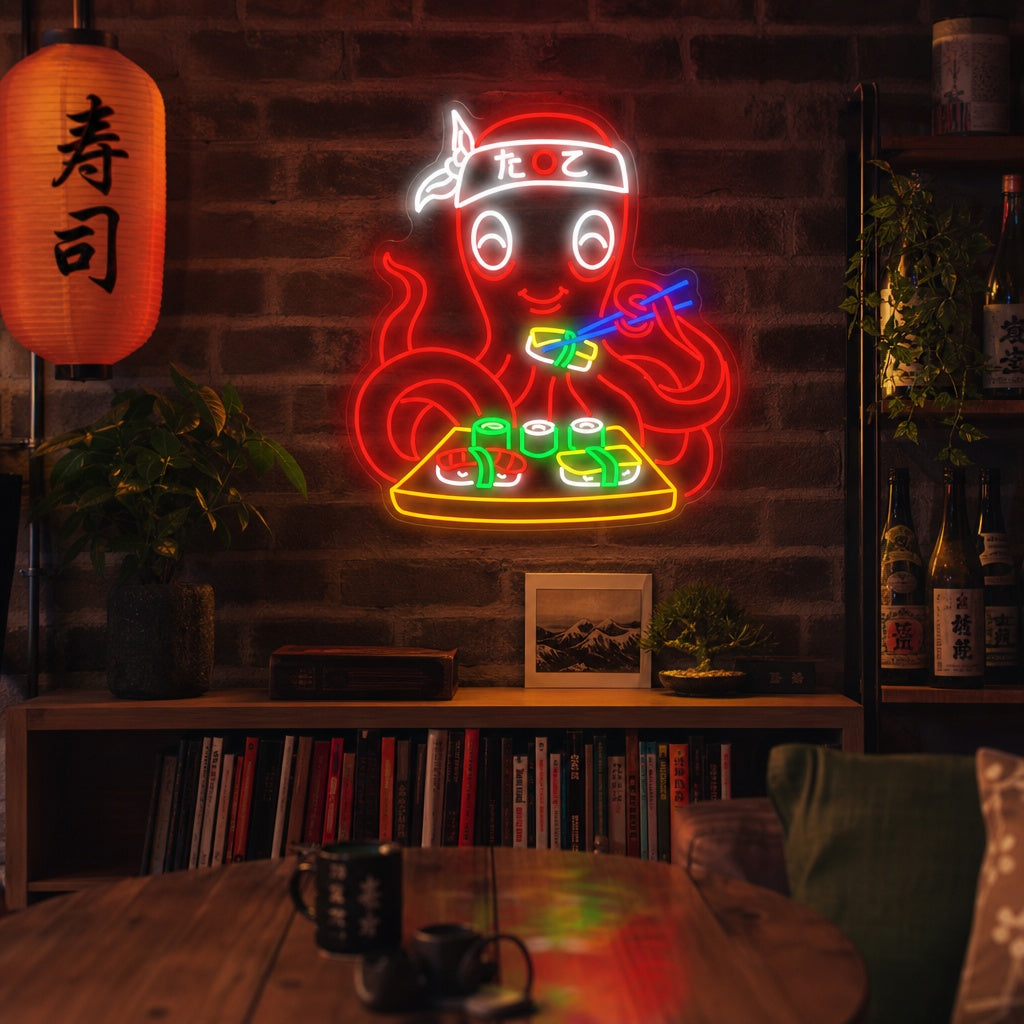 Sushi pieuvre Enseigne néon, Décoration de restaurant japonais