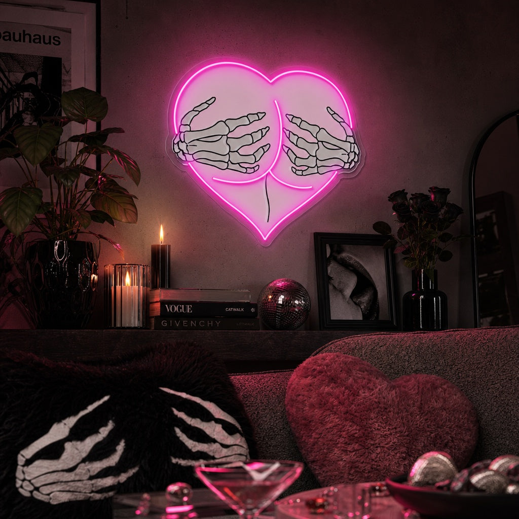 "Cœur rose Coup But Hug Skeleton Hands" Enseigne néon LED imprimée UV