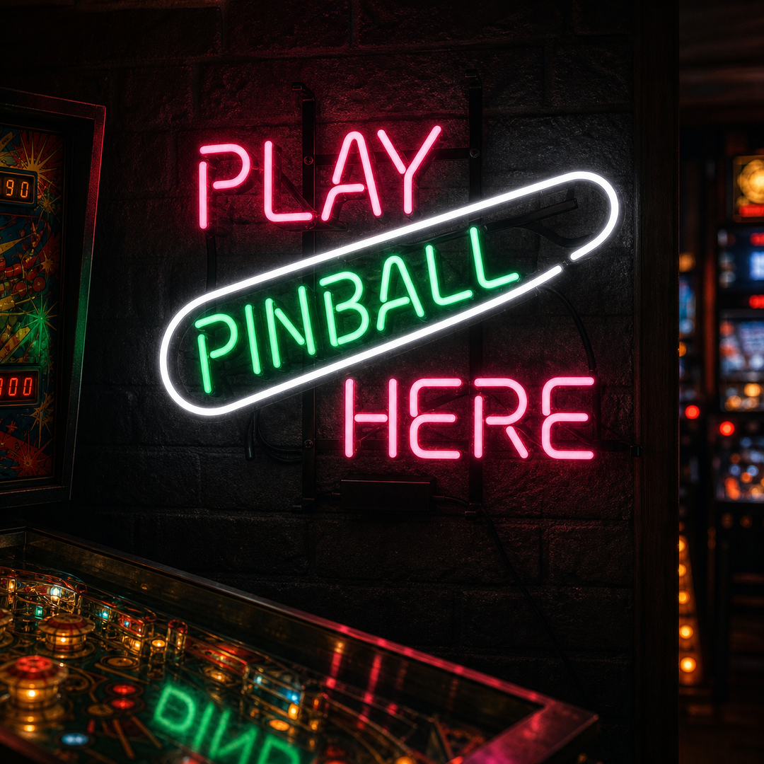 "Play Pinball Here, Salle De Jeux" Enseigne Lumineuse en Néon
