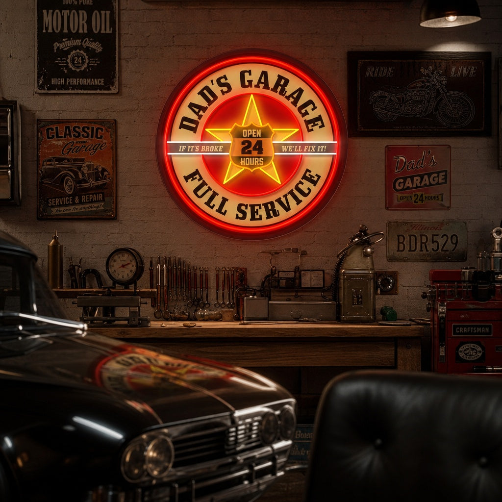 "Garage de papas rétro, inspiré de Mobil" Enseigne néon LED imprimée UV
