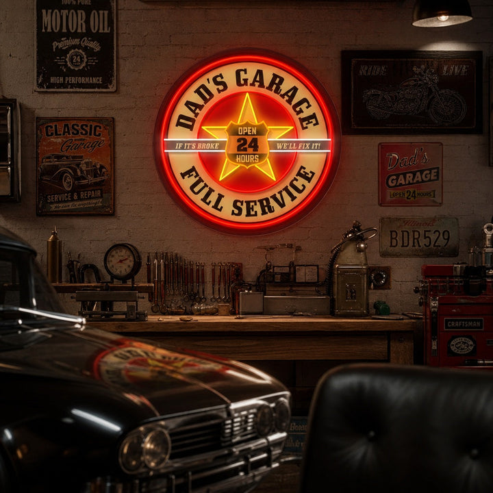 "Garage de papas rétro, inspiré de Mobil" Enseigne néon LED imprimée UV