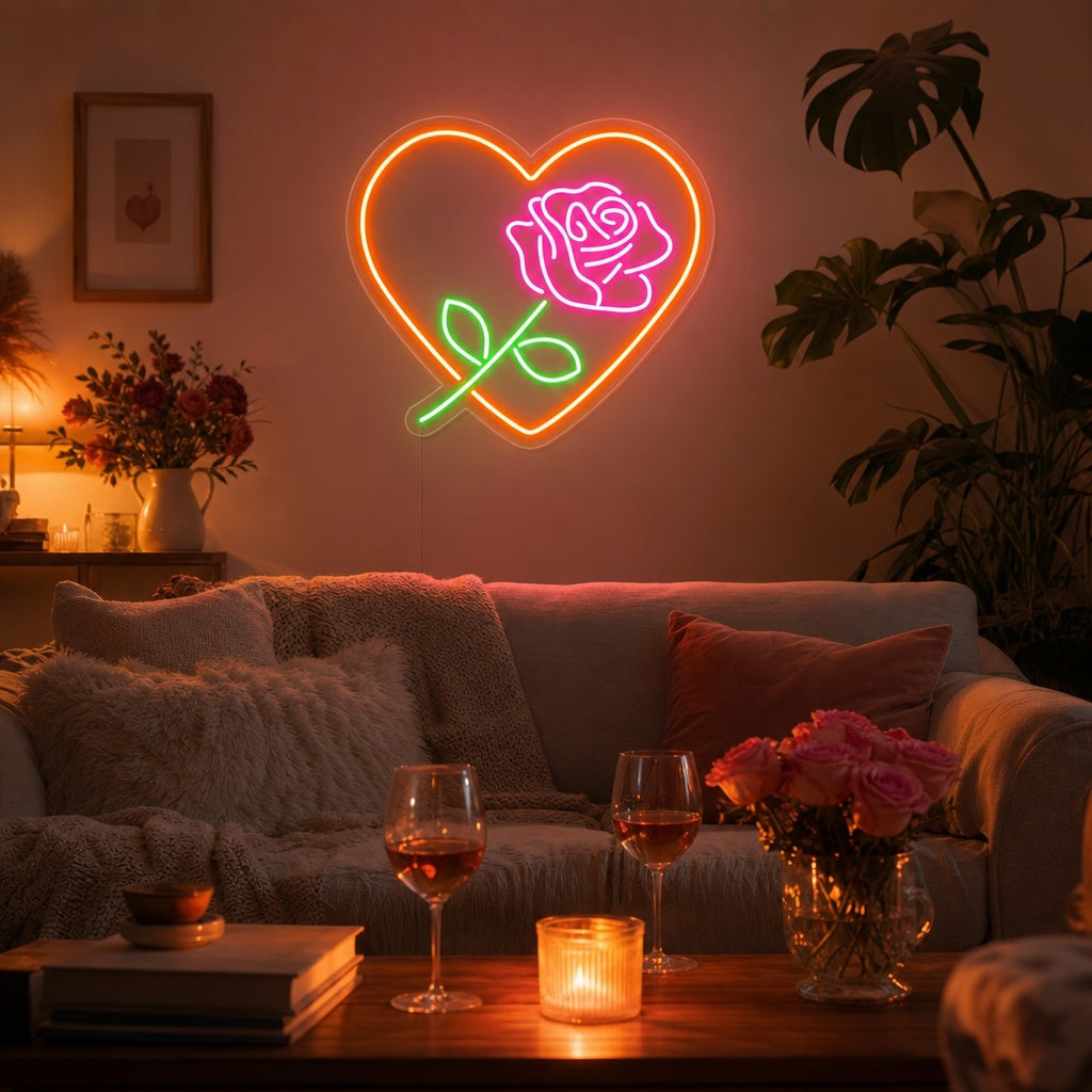 "Rose, Forme De Cœur, Amour" Enseigne Lumineuse en Néon