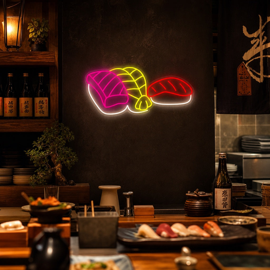 Sushi aux crevettes et au saumon Enseigne néon, Décoration de restaurant japonais