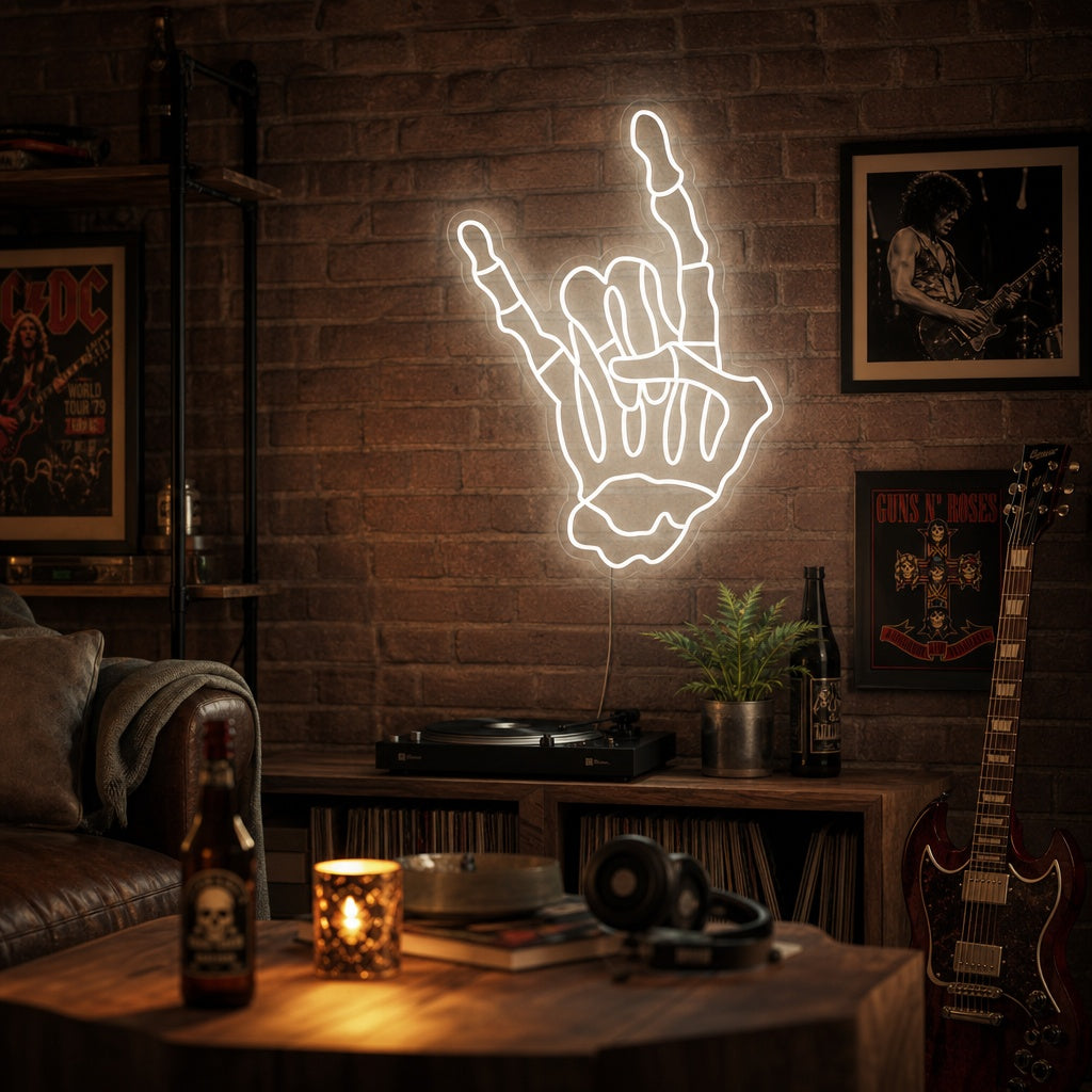"Main De Squelette Faisant Le Geste Du Rock And Roll" Enseigne Lumineuse en Néon