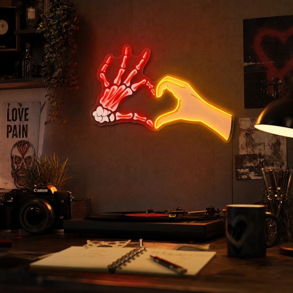 "Pose d'amour de la main du crâne" Enseigne néon LED imprimée UV