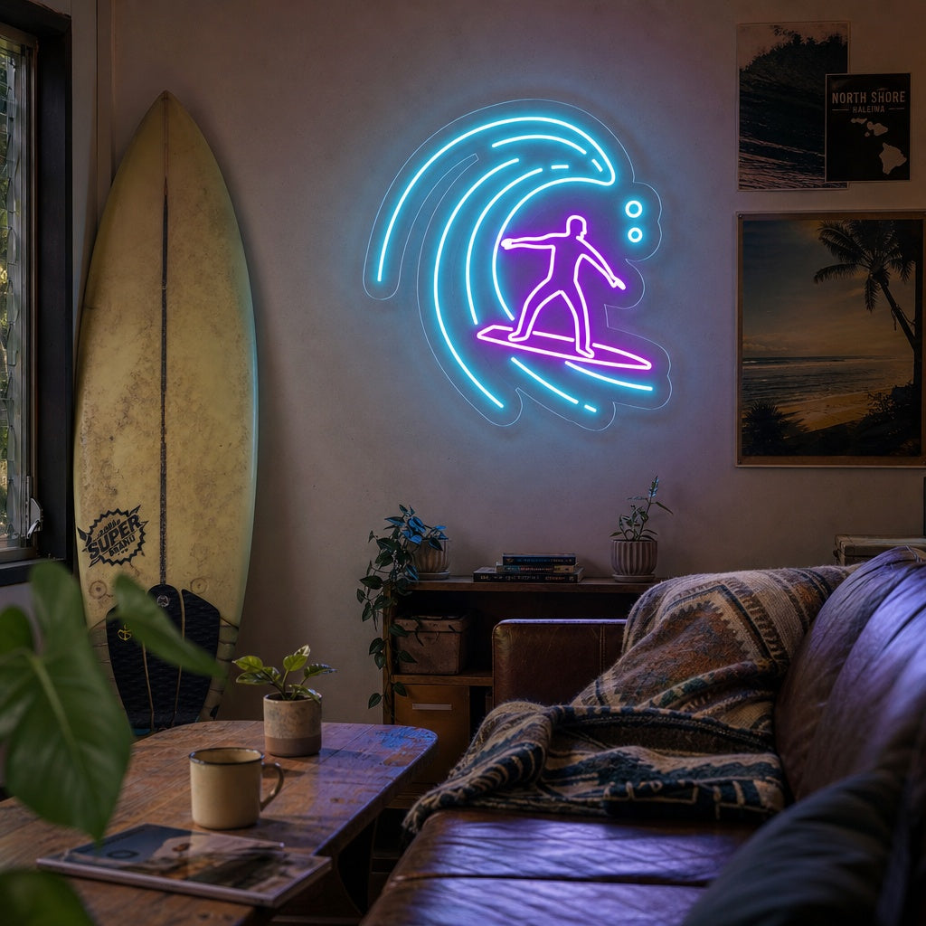 "Surfeur Dans La Vague De L'Océan" Enseigne Lumineuse en Néon
