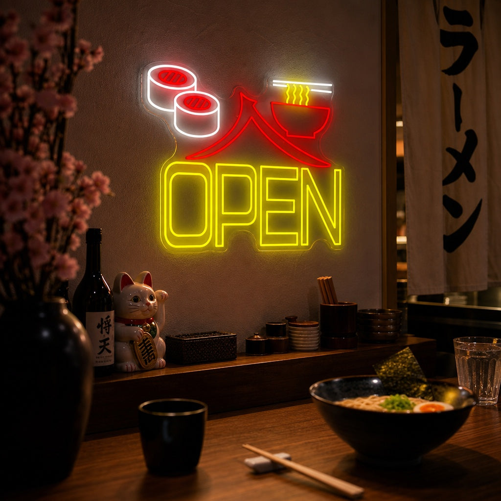 Sushi Ramen Open Enseigne néon, Décoration de restaurant japonais