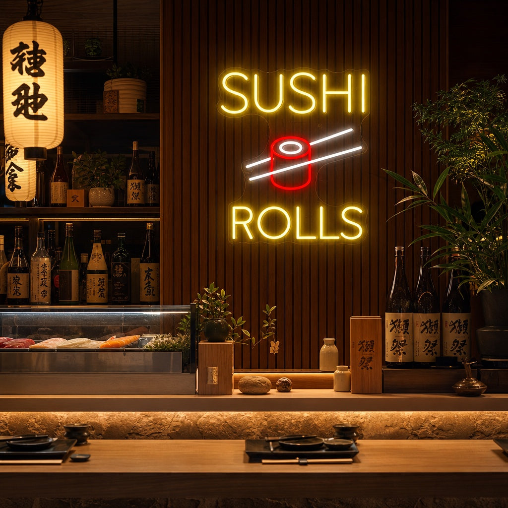 Sushi Rolls Enseigne néon, Décoration de restaurant japonais