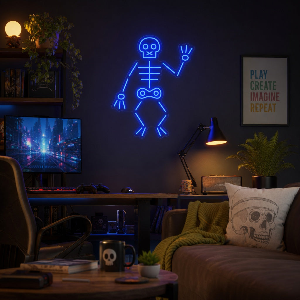 "Squelette Qui Fait Signe De Bonjour" Enseigne Lumineuse en Néon