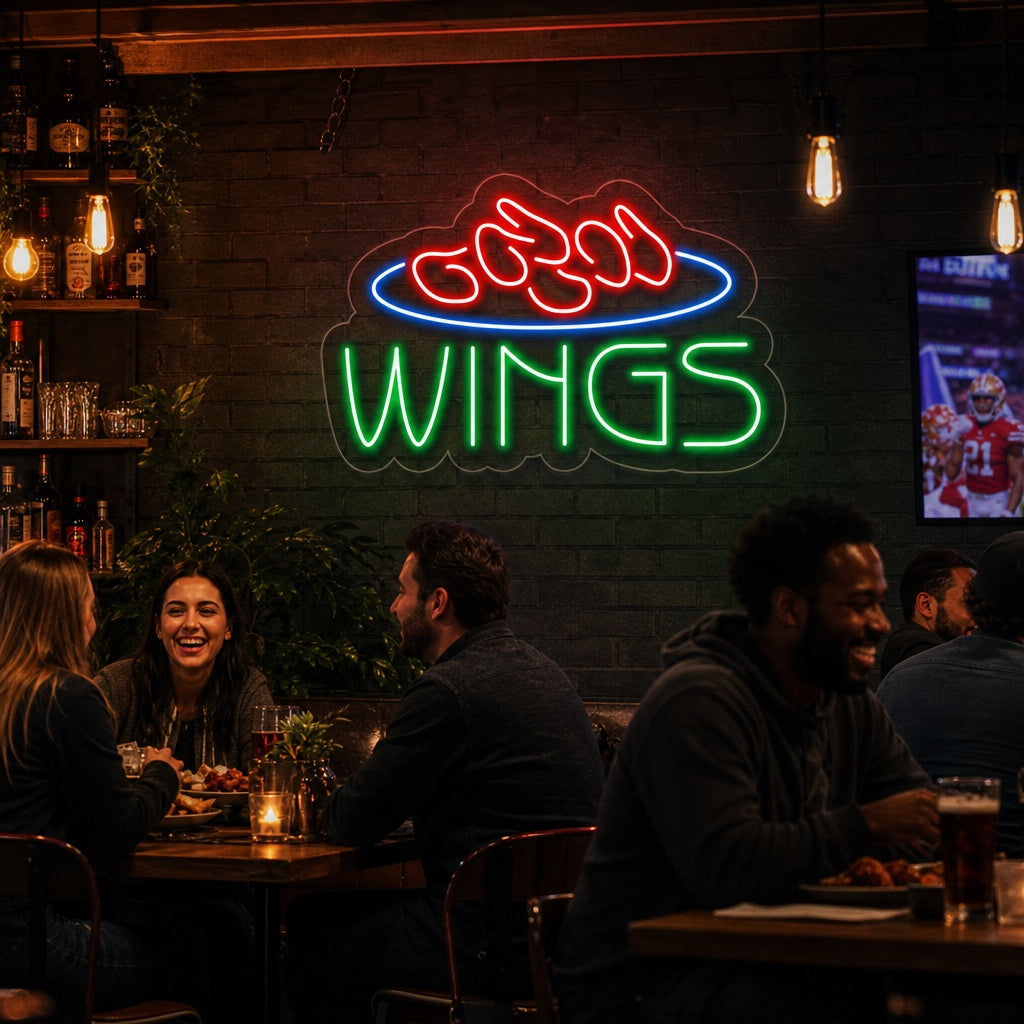 "Wings, Nourriture" Enseigne Lumineuse en Néon
