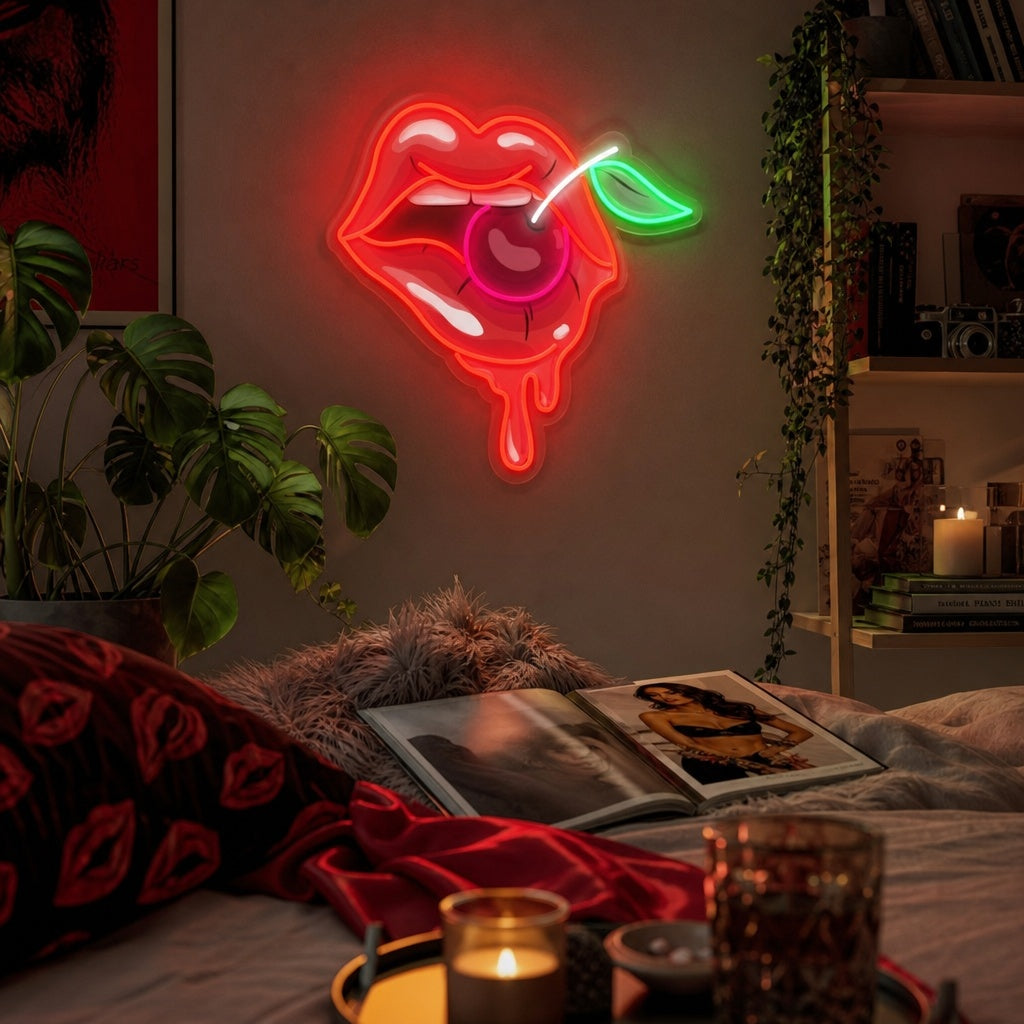 "Lèvres de femme avec une cerise" Enseigne néon LED imprimée UV