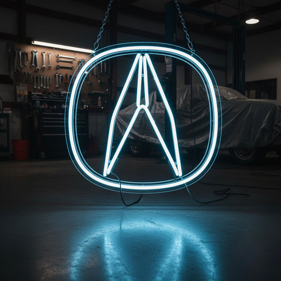 Blue Acura logo neon sign featuring the iconic “A” inside an oval, perfect for modern car garages or showrooms.