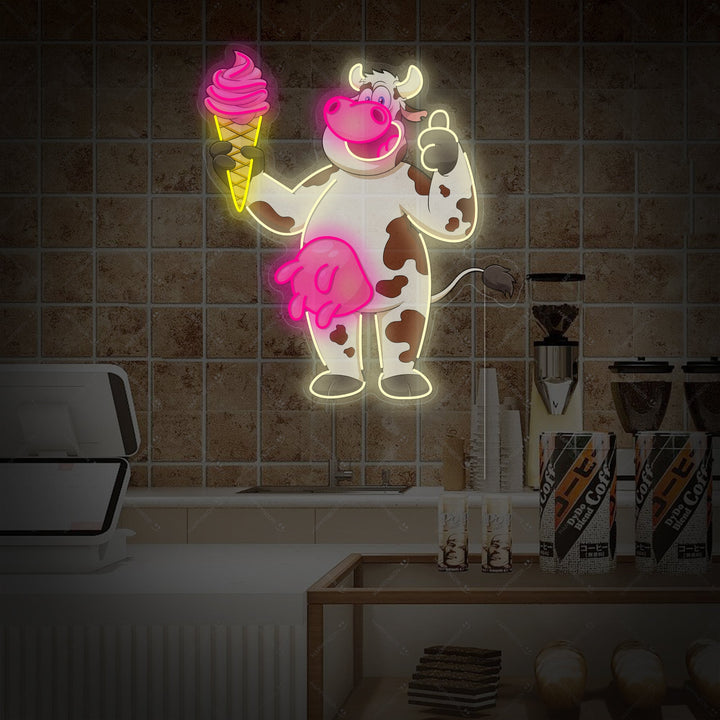 "Vache mignonne avec de la crème glacée" Enseigne néon
